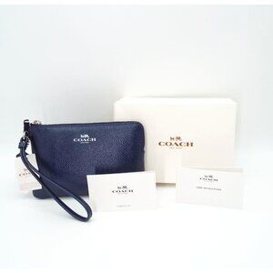 COACH Metallic Midnight Blue Crossgrain Leather Corner Zip Wristlet Wallet